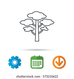 Pine tree icon. Forest wood sign. Nature environment symbol. Calendar, cogwheel and download arrow signs. Colored flat web icons. Vector