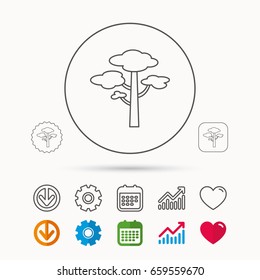 Pine tree icon. Forest wood sign. Nature environment symbol. Calendar, Graph chart and Cogwheel signs. Download and Heart love linear web icons. Vector