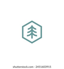 Pine tree icon inside hexagon shape - green color