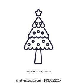 Pine Tree Icon - Merry Christmas Icon Vector Design Outline Style Symbol With Ball and Star on White Background. EPS 10