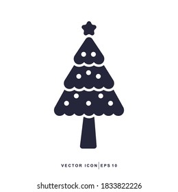 Pine Tree Icon - Merry Christmas Icon Vector Design Solid or Glyph Style Symbol With Ball and Star on White Background. EPS 10