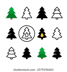 Pine tree icon set. Different styles Christmas tree icon vector. Outline and solid fill. Adjustable stroke.