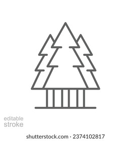 Pine tree icon. Simple outline style. Three trees, fir, evergreen, forest concept. Thin line symbol. Vector illustration isolated. Editable stroke.