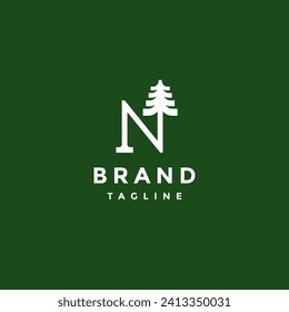 Pine Tree Initial Letter N Logo Design. Simple Pine Tree Growing at the End of the Letter N Logo Design.