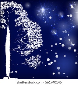 Pine tree . Ink drawing in the Chinese style. Vector design. Dark blue background, stars and particles.