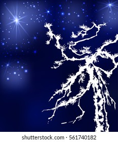Pine tree . Ink drawing in the Chinese style. Vector design. Dark blue background, stars and particles.
