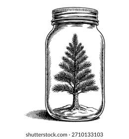 Árbol de pino dentro del tarro Blanco y negro Línea de contorno Arte Dibujo Ilustración Vector Estilo Diseño
