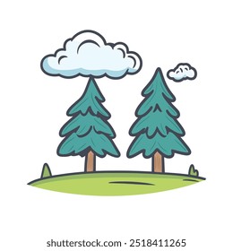 Pine Tree Landscape with Clouds Icon Representing Forest, Nature, and Outdoor Recreation