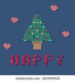 Árbol de pinos con decoración de luces y corazones para Navidad y año nuevo en diseño de costura cruzada.