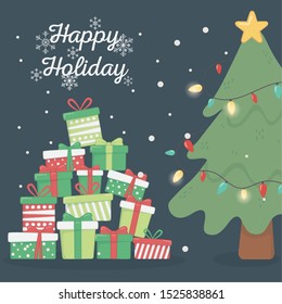 pine tree lights and many gifts snowflakes celebration merry christmas poster vector illustration