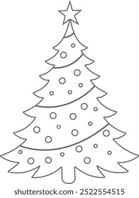 Pine tree line art vector illustration white background. Christmas tree silhouette. 