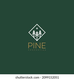 Pine tree logo design with abstract home vector graphic