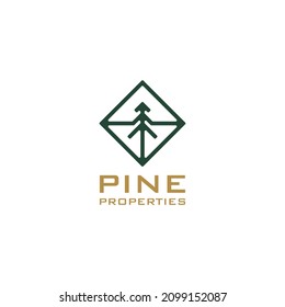 Pine tree logo design with abstract home vector graphic