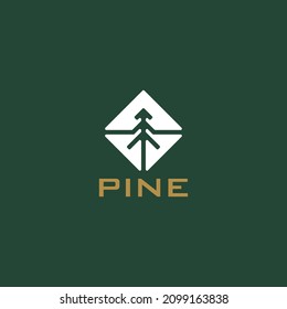 Pine tree logo design with abstract home vector graphic
