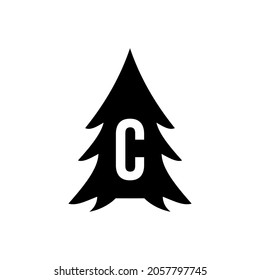 Pine Tree Logo Design On Letter C Template. Pine Tree Hotel Resort Wood Park Logo Design
