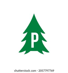 Pine Tree Logo Design On Letter P Template. Pine Tree Hotel Resort Wood Park Logo Design