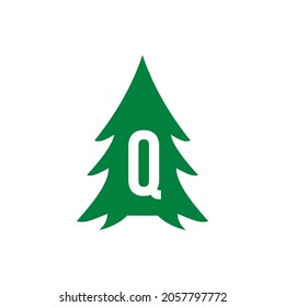 Pine Tree Logo Design On Letter Q Template. Pine Tree Hotel Resort Wood Park Logo Design
