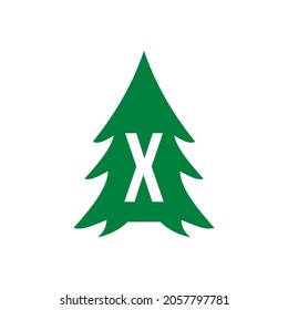 Pine Tree Logo Design On Letter X Template. Pine Tree Hotel Resort Wood Park Logo Design