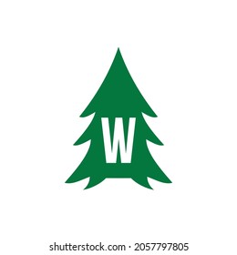 Pine Tree Logo Design On Letter W Template. Pine Tree Hotel Resort Wood Park Logo Design