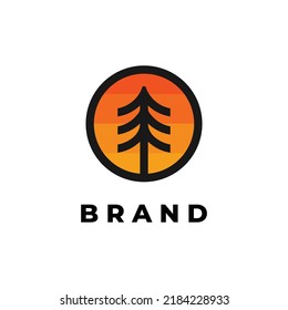 Pine Tree Logo Design With Sunset Or Sunrise ,Vector Template