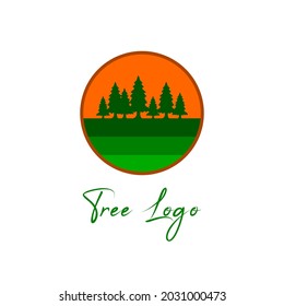 logo de un pinar. logo de la granja verde por la tarde. logotipo de puesta al sol