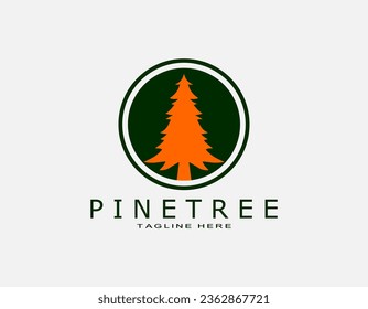 Logo de pino con verde y naranja. Diseño de círculo sencillo adecuado para viajes, viajes, vida salvaje.