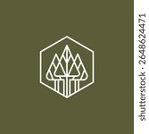 pine tree logo with hexagonal frame in line art design style