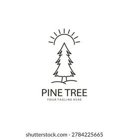 Pine tree logo line art symbol illustration design, with sun.