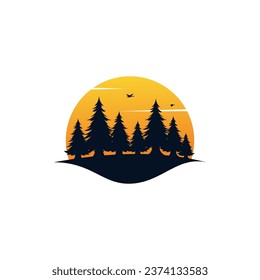Pine tree logo with sunset vector emblem illustration design