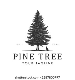 Pine Tree Logo Template with Dog Silhouette Hand Drawn Illustration and Vector Art Stock