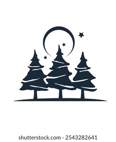 pine tree logo vintage with moon and stars creek vector emblem illustration design.