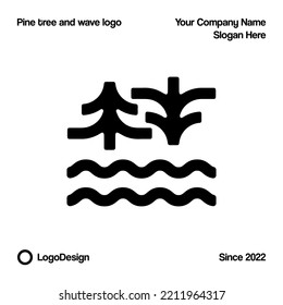 pine tree logo with wave vector symbol illustration design