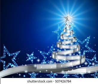 Pine Tree Made Of Filmstrip, Christmas And New Year Background, Illustration For Holiday Season, Postcard On The Theme Of The Movie, EPS 10 Contains Transparency.