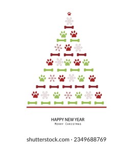 Pine tree made of paw prints. Christmas Happy new year design paw prints and snowflakes background greeting card