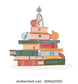 Pine tree made of pile of books for Christmas books festivals or sales of bookstores. Creative design in shape of decorated fir tree with Retro baubles and balls. Flat vector illustration.