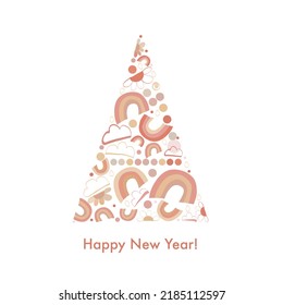 Pine tree made of rainbow, cloud and daisies greeting card. Happy new year and Merry Christmas vector