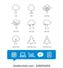 Pine tree, maple and oak icons. Christmas trees linear signs. Forest trees flat line icons. Report file, Graph chart and Chat speech bubble signs. Laptop and Calendar web icons. Vector