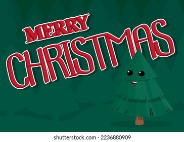 Pine Tree with Merry Christmas text. Winter holiday vector cartoon illustration.