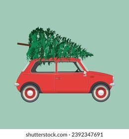 Pine tree in minimal vintage red car for Christmas and New Year decorations isolated on background illustration vector.