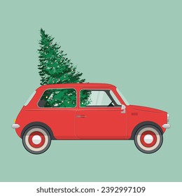 Pine tree in minimal vintage red car for Christmas and New Year decorations isolated on background illustration vector.