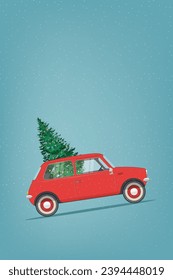 Pine tree in minimal vintage red car for Christmas and New Year decorations on snow background illustration vector.