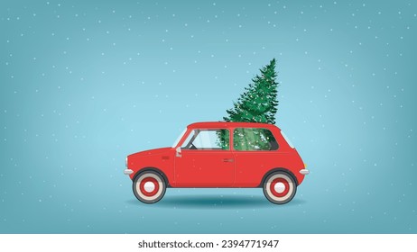 Pine tree in minimal vintage red car for Christmas and New Year decorations on snow background illustration vector.