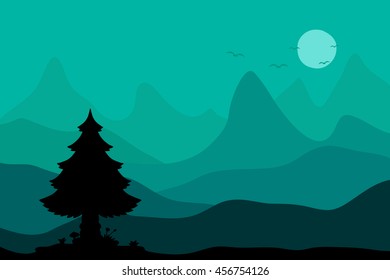 Pine tree and mountain landscape vector