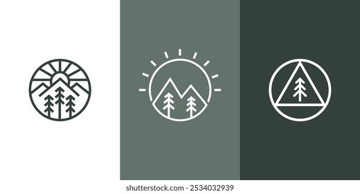 Kiefer Baum Berg Sonne Wald Kreis Logo Linie Umriss Symbol