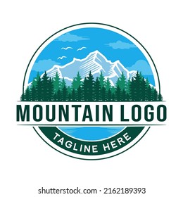 pine tree and mountain vintage logo design.