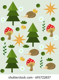 Pine tree mushrooms Forrest background Vector illustration