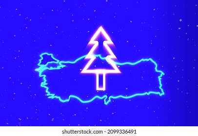 Pine tree neon private collection with Turkey map. Download unique super glowing neon country map with tree, nature and forest vector. light burst. Linear neon with design element icon.