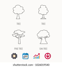 Pine tree, oak-tree icons. Forest trees linear signs. Calendar, Graph chart and Cogwheel signs. Download colored web icon. Vector