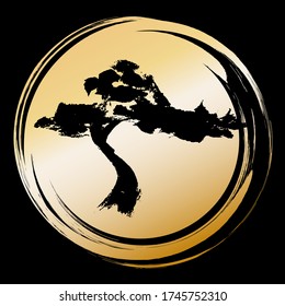 Pine tree on the background of a Golden circle, brush drawing in the Asian style. Vector illustration, emblem, element of Oriental design.