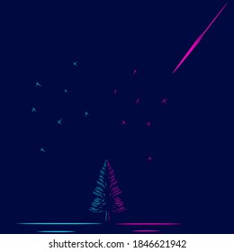 Pine tree on christmas logo line pop art portrait colorful design with dark background. Abstract vector illustration.